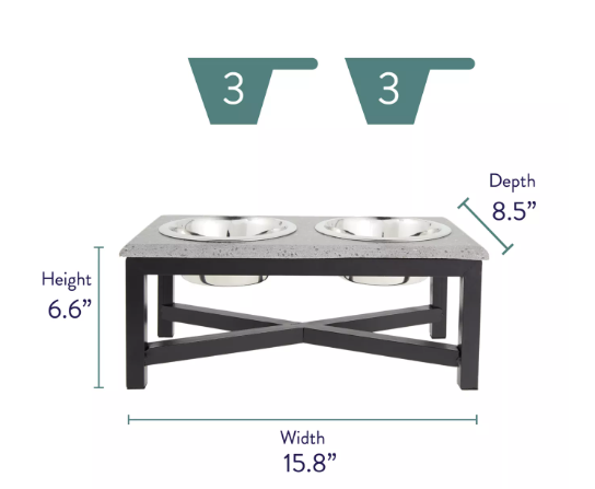 Grey Stone Top with Metal Legs Elevated Double Diner Dog Bowls - Image 2